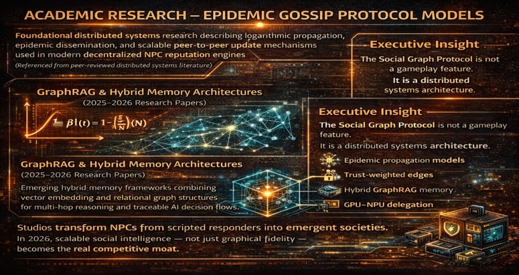 Infographic explaining epidemic gossip protocol models, GraphRAG hybrid memory, GPU–NPU delegation, and compliance-ready social graph architecture for scalable NPC systems in 2026.