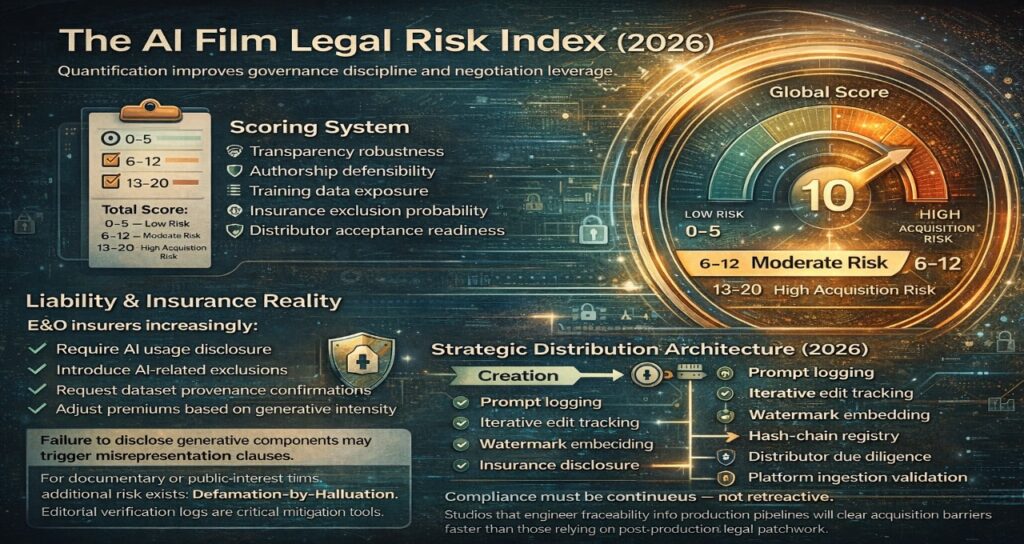 “The AI Film Legal Risk Index (2026)” showing a scoring system (0–5 Low Risk, 6–12 Moderate Risk, 13–20 High Acquisition Risk), risk categories including transparency robustness, authorship defensibility, training data exposure, insurance exclusion probability, and distributor acceptance readiness. Includes sections on E&O insurance requirements, AI disclosure risks, defamation-by-hallucination concerns, and a strategic 2026 distribution workflow from prompt logging and watermark embedding to insurance disclosure and platform validation, emphasizing continuous compliance and production traceability.