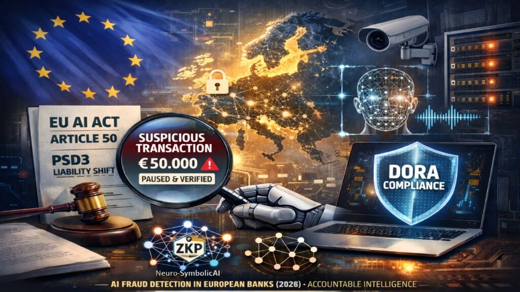 AI fraud detection system in European banks 2026 showing EU AI Act Article 50, PSD3 liability shift and DORA compliance infrastructure