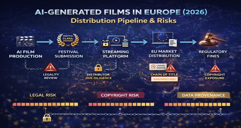 AI-generated film distribution pipeline in Europe 2026 showing legal risk copyright exposure and data provenance compliance