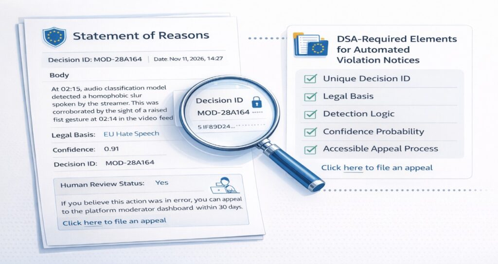 AI-generated Statement of Reasons template under DSA Article 17 showing explainable AI moderation decision logic in 2026.