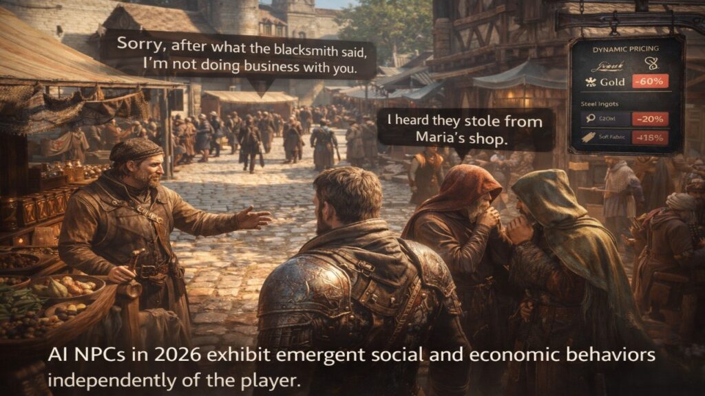 AI NPCs in 2026 demonstrating emergent social gossip mechanics and dynamic in-game pricing behavior in a medieval RPG marketplace