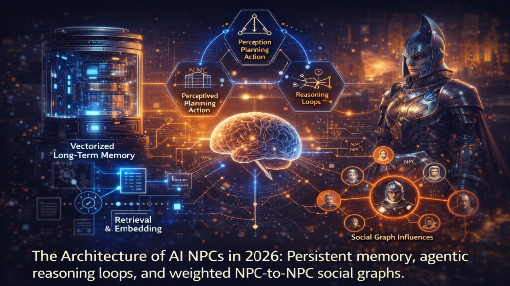 Architecture of AI NPC systems in 2026 showing persistent memory, agentic reasoning loops, vectorized long-term memory, and weighted NPC social graph influences