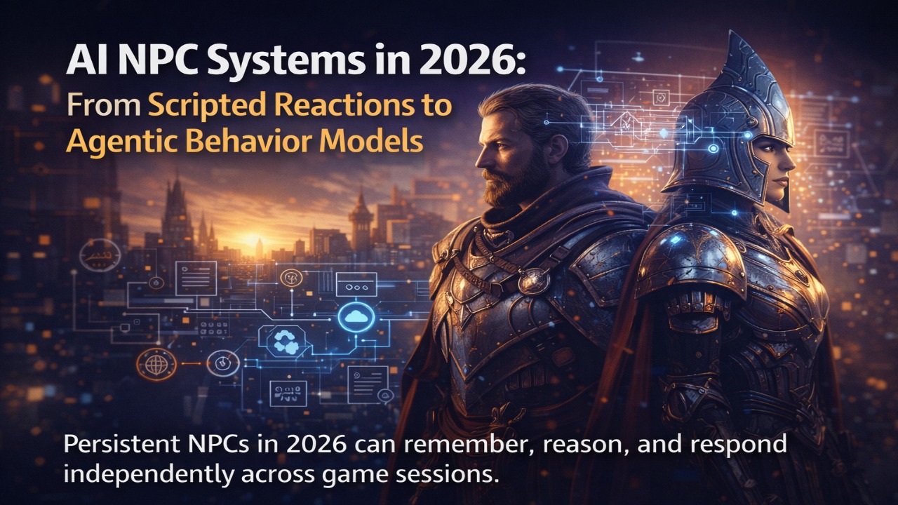 AI NPC systems in 2026 showing transition from scripted behavior trees to agentic persistent character models in a fantasy game environment