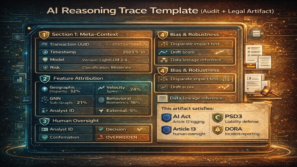  “AI Reasoning Trace Template (Audit + Legal Artifact)” outlining meta-context logging, feature attribution percentages, human oversight confirmation, bias and drift testing, and compliance alignment with EU AI Act Articles 12, 13, 14, PSD3 liability defence, and DORA incident reporting.