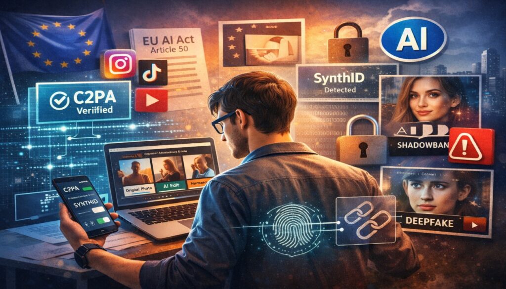 Creator using laptop and smartphone to apply C2PA and SynthID AI watermarking under EU AI Act Article 50, showing deepfake detection, shadowban risk, and compliance workflow for social media platforms.