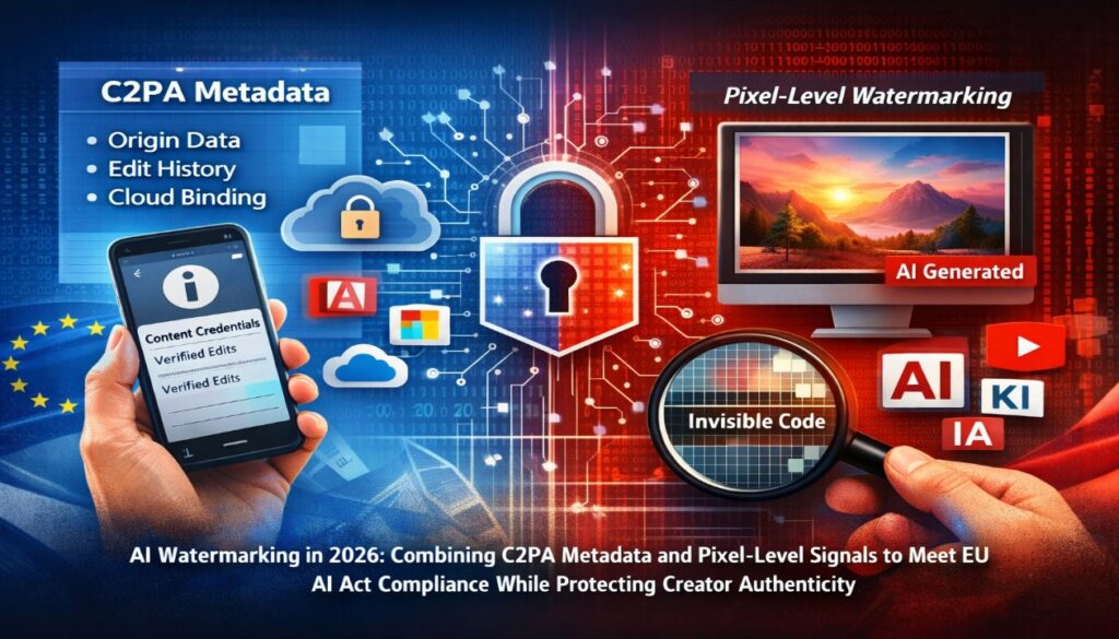 AI watermarking tools comparison showing C2PA metadata and Google SynthID pixel-level protection for EU content creators in 2026