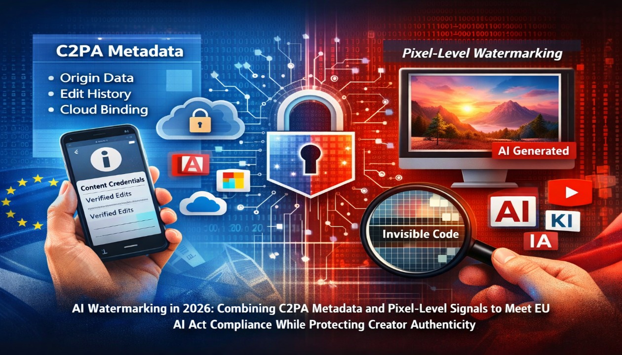 AI watermarking tools comparison showing C2PA metadata and Google SynthID pixel-level protection for EU content creators in 2026