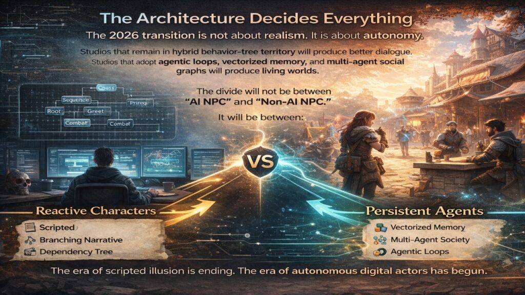 “The Architecture Decides Everything” contrasting reactive scripted characters using behavior trees with persistent agents powered by agentic loops, vectorized memory, and multi-agent social graphs, highlighting the 2026 shift from scripted illusion to autonomous digital actors.