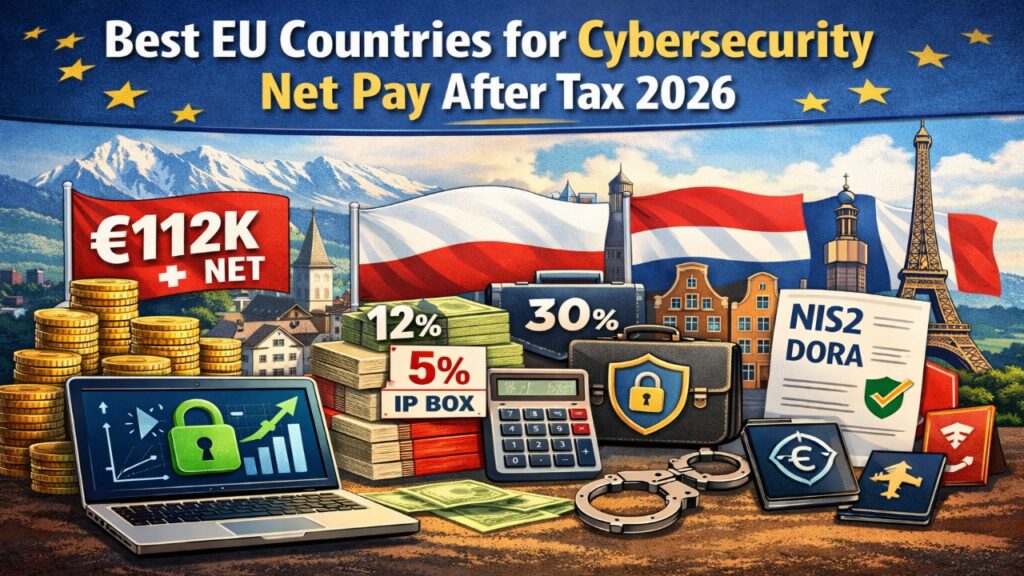 Best EU countries for cybersecurity net pay after tax in 2026, comparing Switzerland, Poland, Netherlands, France, and Germany with tax regimes and NIS2 impact