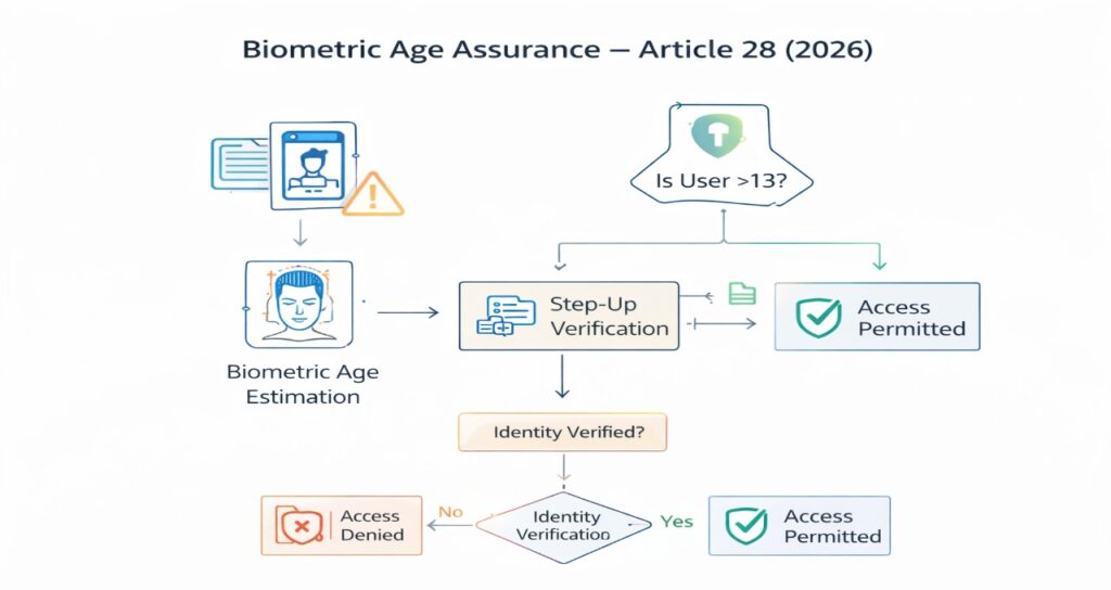Biometric age assurance workflow under DSA Article 28 showing AI age estimation and step-up verification for streaming platforms in 2026.