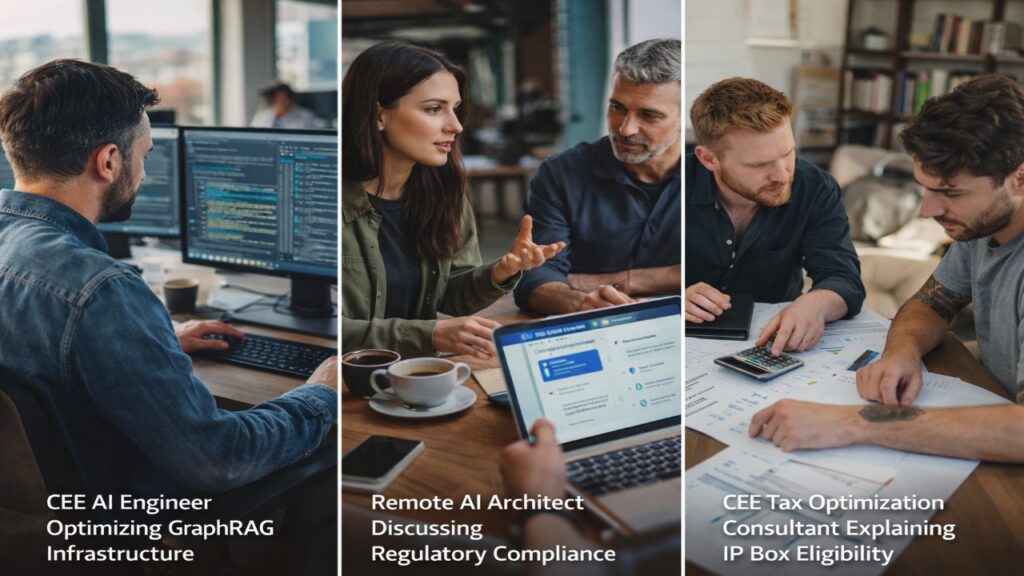 This documentary-style visual captures real-world scenarios of CEE AI engineers optimizing machine learning infrastructure, consulting on EU AI Act regulatory compliance, and structuring B2B tax models such as Poland’s IP Box regime for high-income AI contractors.