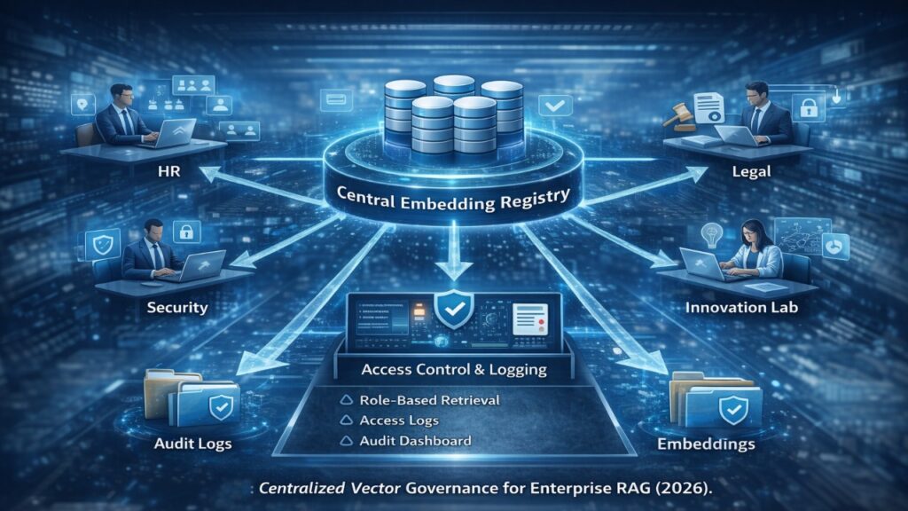 Centralized vector governance architecture for enterprise RAG showing HR, Legal, Security, and Innovation teams connected to a central embedding registry with logging controls.