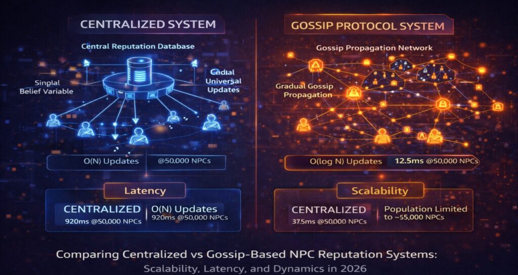 Comparison between centralized NPC reputation system and decentralized gossip protocol showing O(N) vs O(log N) updates
