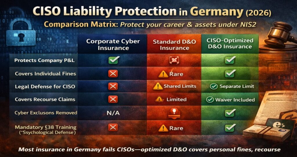 Comparison matrix showing corporate cyber insurance versus standard D&O and CISO-optimized D&O coverage under NIS2 in Germany