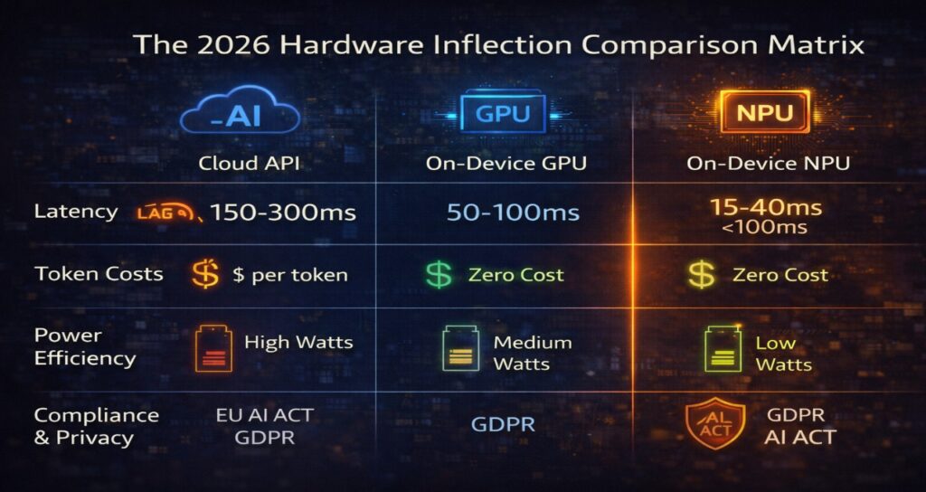 A comparison infographic showing cloud API, on-device GPU, and NPU inference performance metrics including latency, power draw, and compliance advantages in 2026.