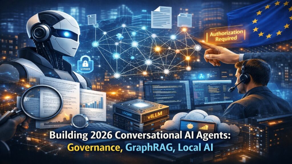 Futuristic illustration of a governed conversational AI system in 2026 showing multi-agent orchestration, GraphRAG knowledge graph, vLLM local deployment, and EU compliance oversight.