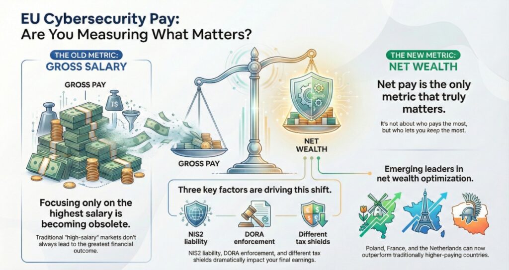 EU cybersecurity pay comparison infographic contrasting gross salary with net wealth, highlighting the impact of taxes, NIS2 liability, DORA enforcement, and tax shields, and showing countries like Poland, France, and the Netherlands as leaders in net wealth optimization.