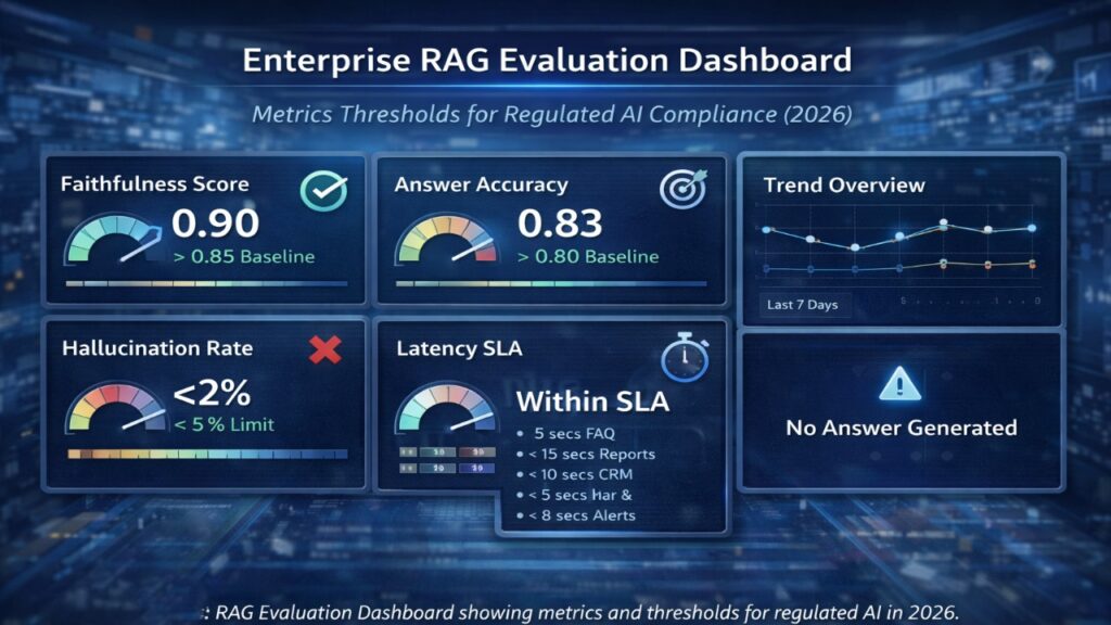 Enterprise RAG evaluation dashboard displaying faithfulness score, hallucination rate, answer accuracy, and latency SLA metrics for regulated AI compliance.