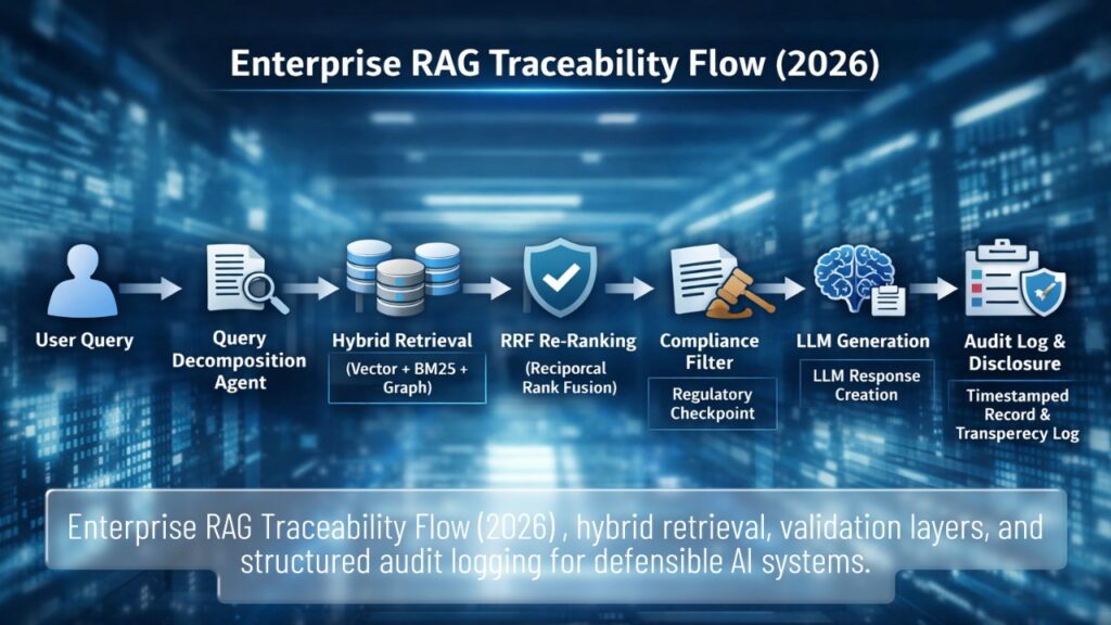 Enterprise RAG traceability flow diagram showing hybrid retrieval, RRF re-ranking, compliance validation, and structured audit logging in 2026.