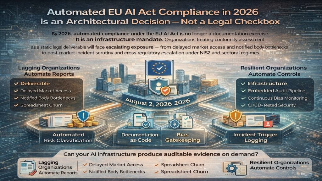 “Automated EU AI Act Compliance in 2026 Is an Architectural Decision — Not a Legal Checkbox” illustrating the shift from static report-based conformity to embedded automated controls, including risk classification, documentation-as-code, bias monitoring, logging pipelines, and CI/CD-integrated audit evidence ahead of the August 2, 2026 enforcement threshold.