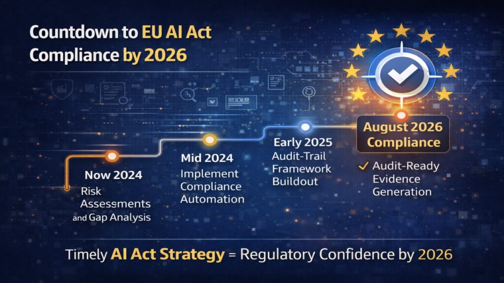 This timeline outlines the phased implementation roadmap toward August 2026 EU AI Act enforcement, including risk classification, compliance automation deployment, audit trail construction, and final market readiness for high-risk AI systems.