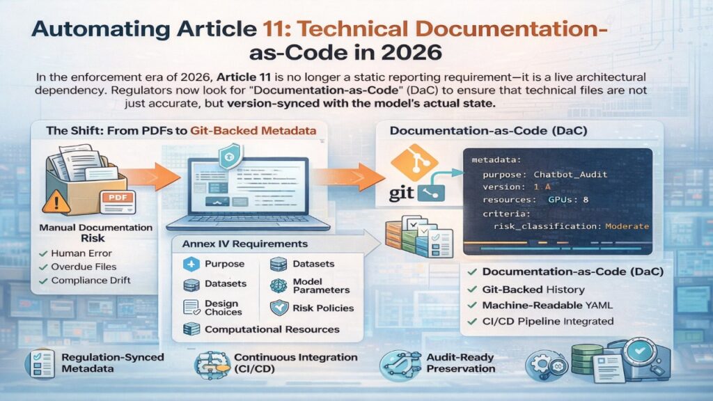 “Automating Article 11: Technical Documentation-as-Code in 2026” showing the shift from manual PDF compliance files to Git-backed, YAML-based machine-readable metadata aligned with Annex IV requirements and CI/CD-synced regulatory documentation.