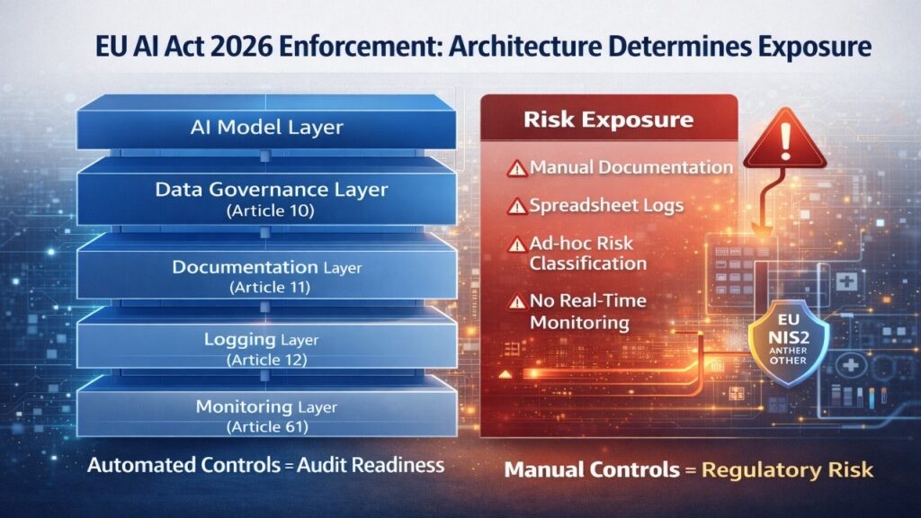 This diagram maps the layered compliance architecture required under the EU AI Act, including Article 10 data governance, Article 11 documentation, Article 12 logging, and Article 61 monitoring automation. It contrasts automated infrastructure with manual compliance risks.