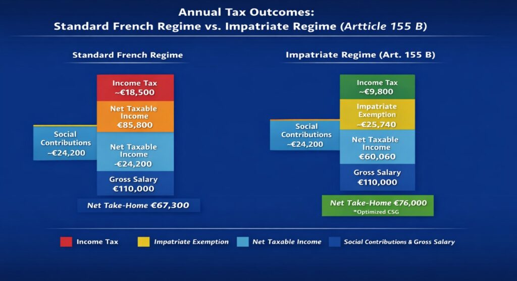 “Comparison of net annual take-home pay under the standard French tax regime versus the impatriate tax regime (Article 155 B) for a €110,000 cybersecurity engineer salary in 2026.”