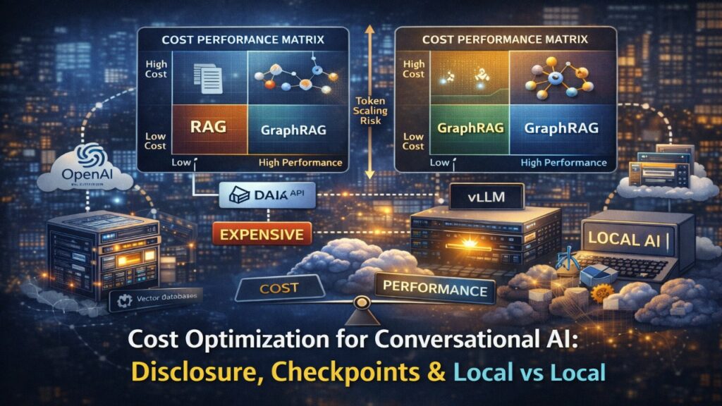 This visual compares conversational AI architecture strategies in 2026, including GraphRAG versus Vector RAG retrieval systems and cloud API versus local vLLM deployment. It highlights token scaling risk, cost predictability, throughput efficiency via PagedAttention, and enterprise decision-making factors for scalable, compliant multi-agent AI systems.