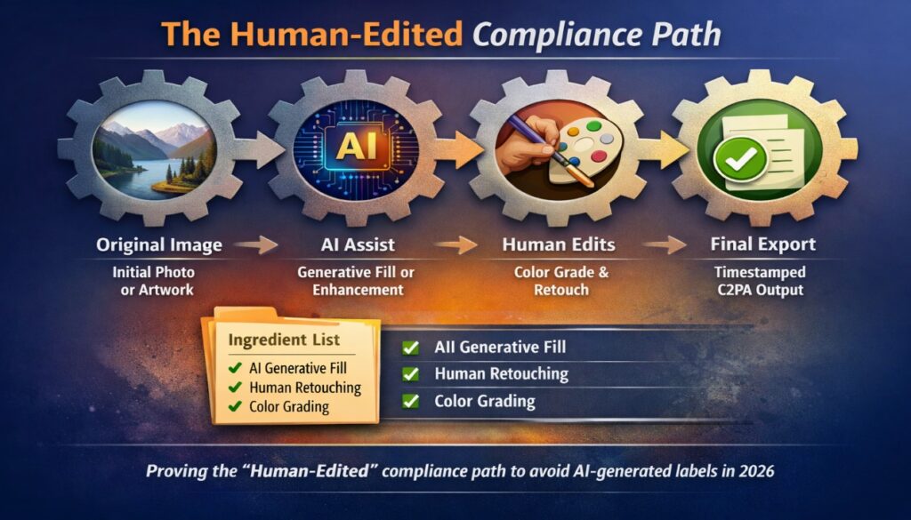 This infographic demonstrates the Human-in-the-Loop Safe Harbor principle under Recital 134 of the EU AI Act. It visualizes the C2PA “Actions” assertion chain: Original Image → AI Generative Fill → Human Color Grade → Final Export. The image explains how meaningful editorial control over semantics and factual accuracy protects creators from automatic deepfake classification.