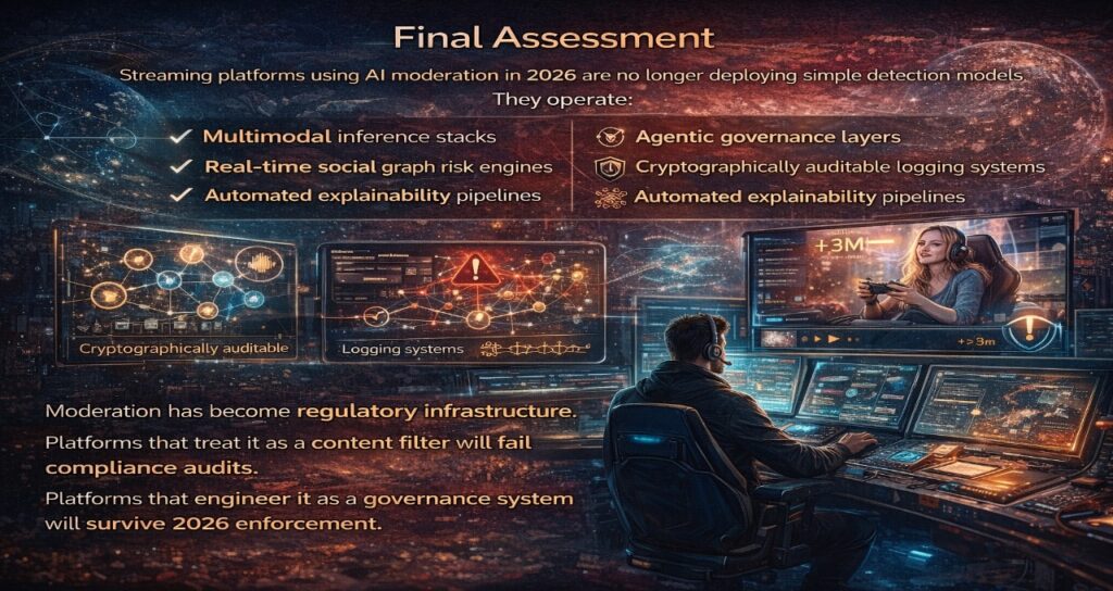 “Final Assessment” illustrating AI moderation infrastructure for streaming platforms in 2026. The design shows a central operator at a multi-screen control station with dashboards displaying social graph risk detection, logging systems, and multimodal analysis. Key elements highlight multimodal inference stacks, agentic governance layers, real-time social graph risk engines, cryptographically auditable logging systems, and automated explainability pipelines. The bottom message emphasizes that moderation has become regulatory infrastructure, contrasting content filtering with governance-engineered compliance systems for 2026 enforcement.