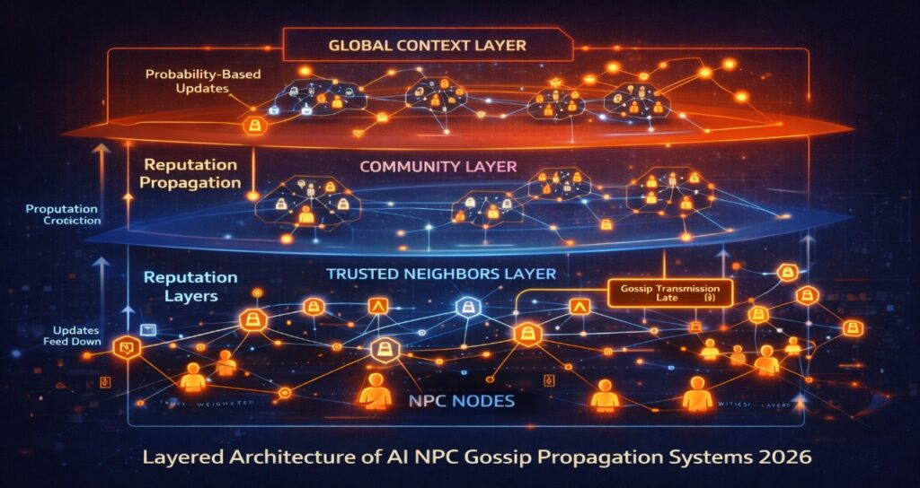 Layered architecture of AI NPC gossip propagation system showing witness, trusted neighbors, community and global context layers