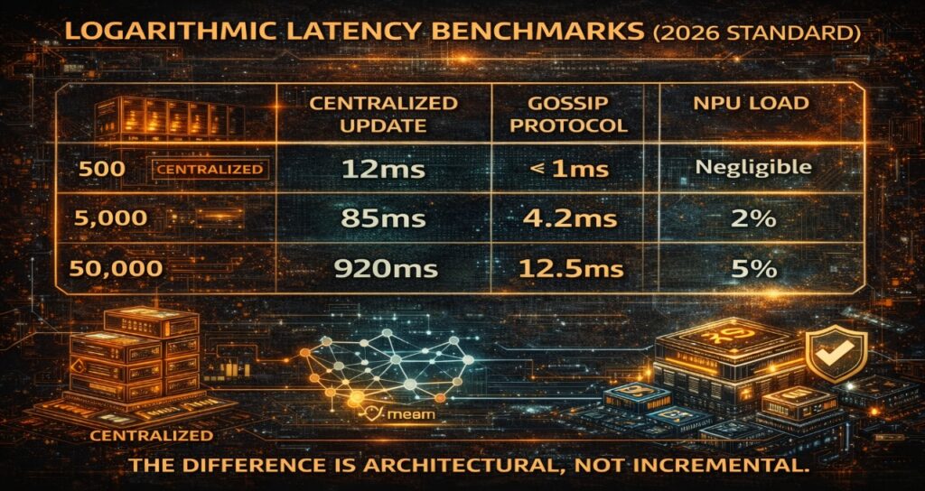 Infographic comparing centralized updates vs. gossip protocol latency across 500, 5,000, and 50,000 NPC populations, highlighting logarithmic scaling and low NPU load in 2026 architectures.
