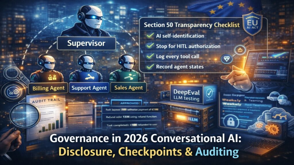 This illustration shows a 2026 enterprise multi-agent conversational AI system structured under a supervisor-worker model. It emphasizes AI Act Article 50 transparency obligations, self-identification logic, human-in-the-loop authorization interrupts, audit trail logging, and checkpoint persistence. The visual supports governance-first AI design required under NIS2 and EU AI regulatory enforcement frameworks.