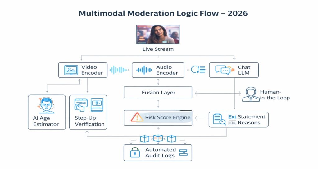 This infographic illustrates the 2026 streaming AI moderation architecture, including multimodal ingestion (audio, video, and chat), Mixture-of-Experts (MoE) routing, explainability layer generation, and agentic human-in-the-loop correction cycles. The visual demonstrates how platforms achieve sub-250ms detection latency while meeting EU AI Act and DSA transparency mandates.
