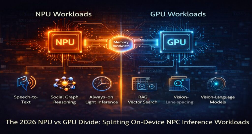 NPU vs GPU AI gaming 2026 workload split comparison for NPC inference