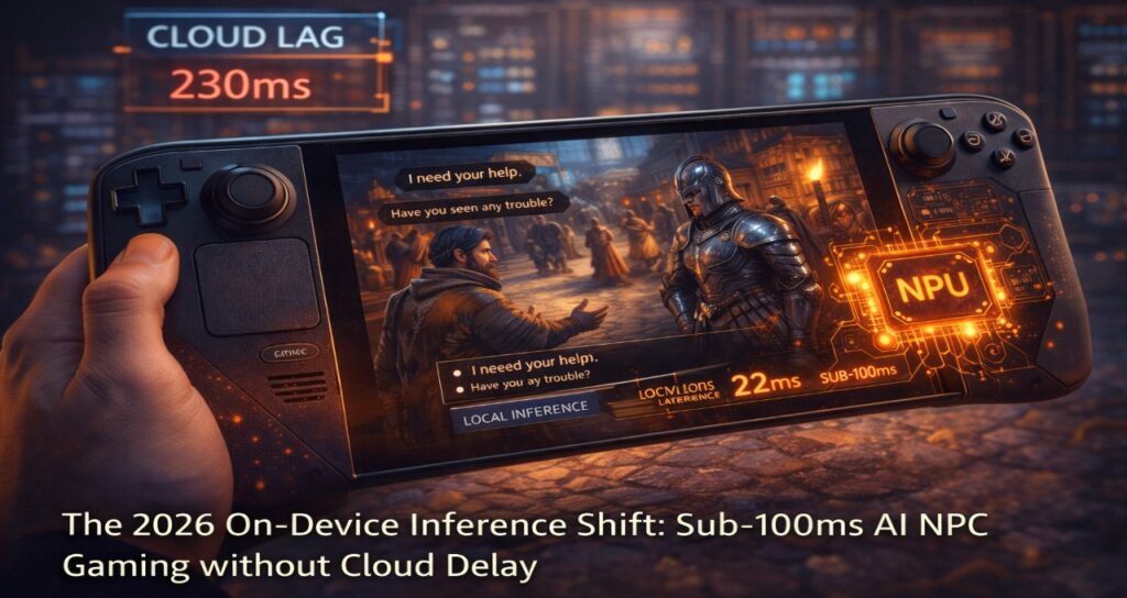 On-device NPC inference 2026 architecture showing NPU vs GPU AI processing with sub-100ms latency