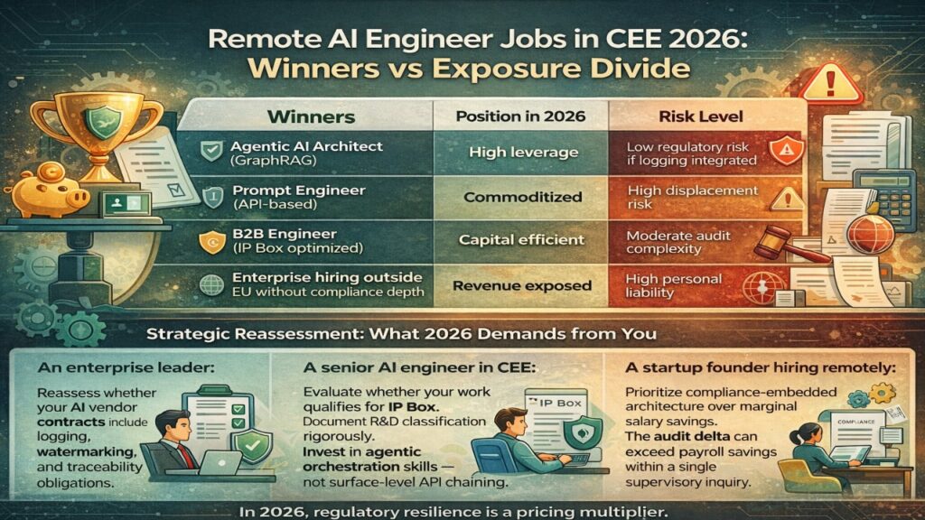 Governance-focused infographic analyzing remote AI engineer roles in Central and Eastern Europe in 2026, showing winners and exposure gaps based on regulatory literacy, NIS2 liability clauses, IP Box optimization, audit vulnerability, and architectural depth. Emphasizes that regulatory resilience determines pricing power in enterprise AI markets.