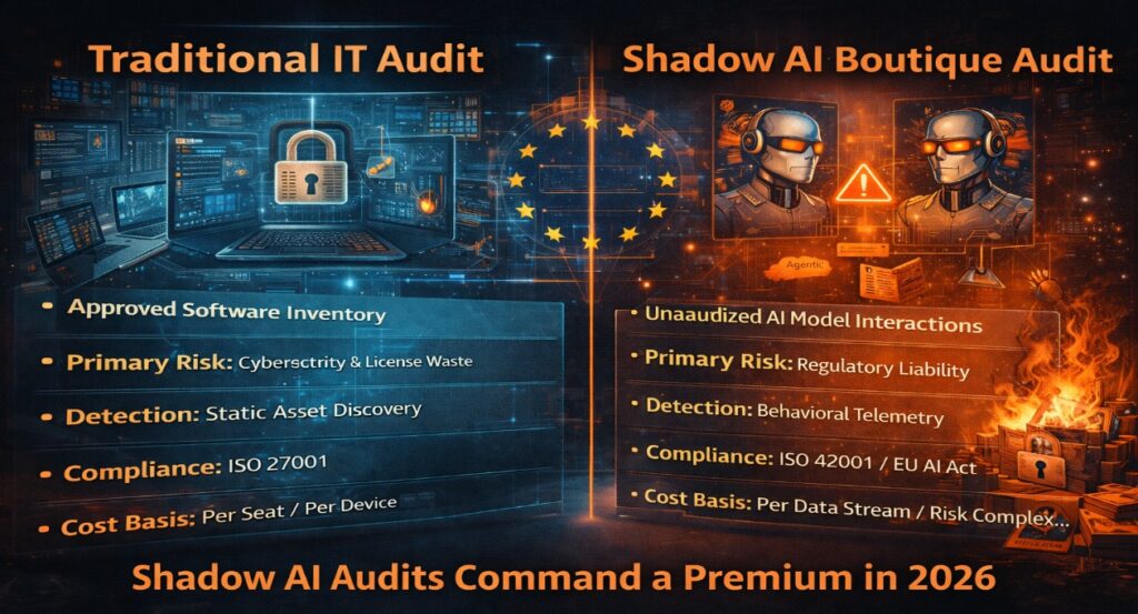 This infographic presents the three-tier Shadow AI audit model used across Europe in 2026, from discovery scans to full ISO 42001 and EU AI Act governance engagements, highlighting why pricing varies significantly by depth and risk.
