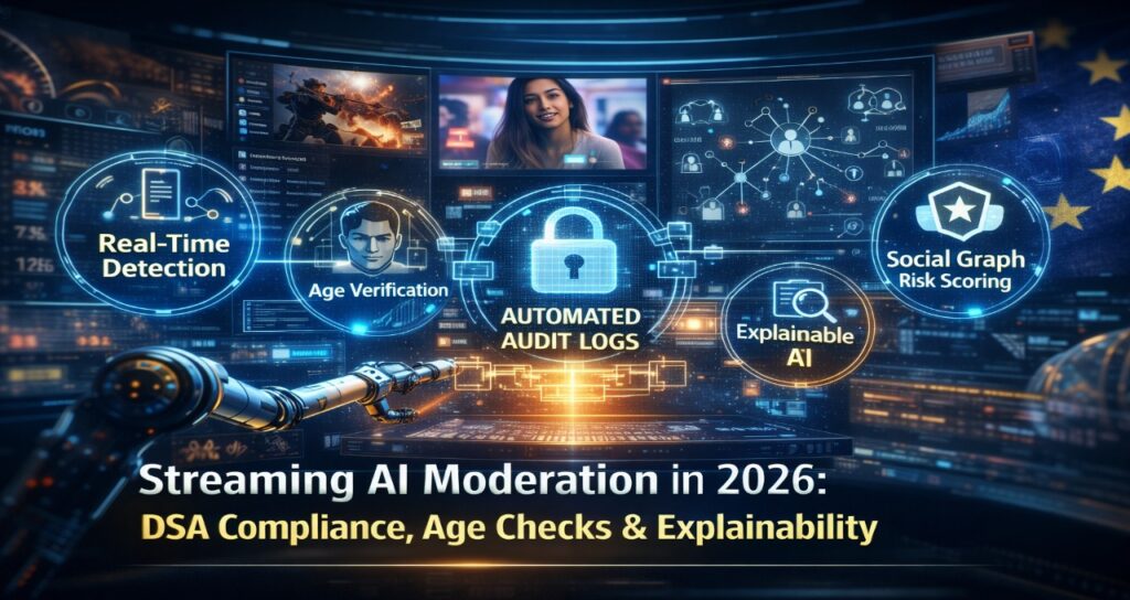 This featured image represents the 2026 shift in streaming platform AI moderation toward multimodal governance. It visualizes real-time audio, video, and chat analysis combined with explainable AI decision layers and regulatory compliance under the EU AI Act and Digital Services Act (DSA). The design highlights sub-250ms inference, agentic human-in-the-loop correction, and automated transparency reporting required for global compliance in 2026.