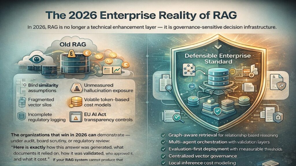 Infographic titled “The 2026 Enterprise Reality of RAG” comparing experimental vector + LLM systems with defensible enterprise RAG architecture featuring graph-aware retrieval, multi-agent orchestration, evaluation-first deployment, centralized vector governance, cost modeling, EU AI Act transparency, and NIS2-aligned traceability.