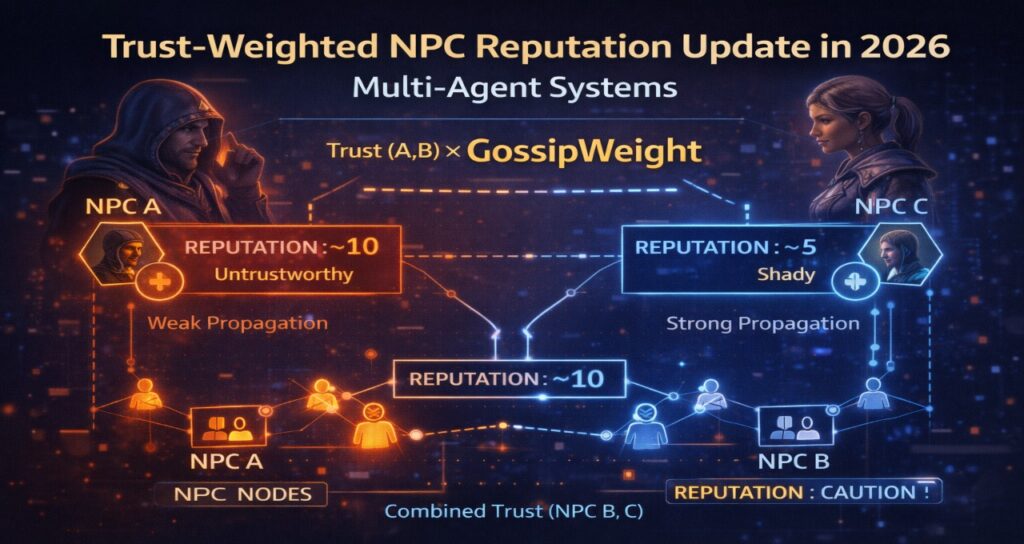 Trust weighted NPC reputation update formula Rep_new equals Rep_old plus Trust times GossipWeight in multi-agent AI systems