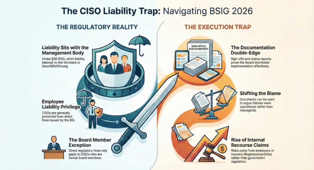 A conceptual infographic titled "The CISO Liability Trap: Navigating BSIG 2026," split by a sword icon. The left side, "The Regulatory Reality," explains that while liability sits with the management body (Verstand or Geschäftsführung) and CISOs have "Employee Liability Privilege" against direct BSI fines, an exception exists for CISOs who are formal board members. The right side, "The Execution Trap," warns that status reports can be a "double-edged sword" used to shift blame from managerial failure to operational failure, leading to a rise in internal recourse claims (Regressansprüche) from employers rather than regulators.
