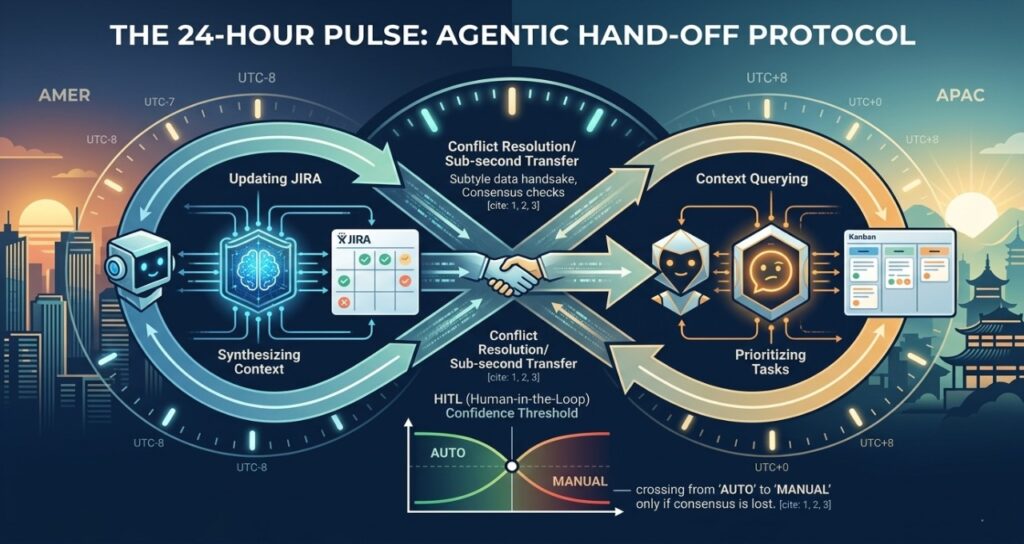 Technical infographic titled "The 24-Hour Pulse: Agentic Hand-off Protocol." It depicts a continuous loop of AI agents managing tasks between AMER and APAC time zones, featuring sub-second context transfers and a human-in-the-loop confidence threshold