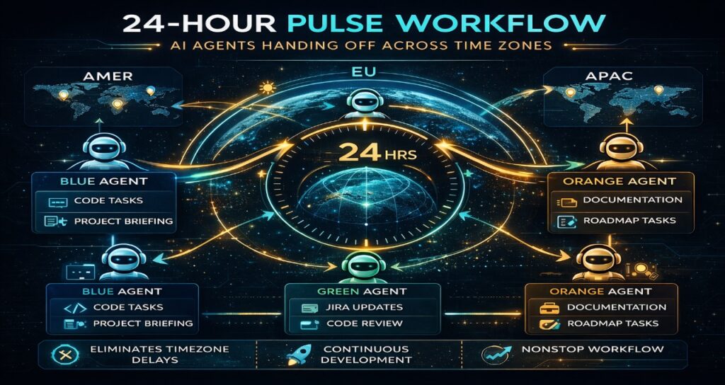 where AI agents coordinate work between global teams operating in different time zones. The system demonstrates how tasks, documentation, and project updates move automatically between regional teams in the Americas, Europe, and Asia-Pacific, enabling continuous productivity without scheduling meetings.