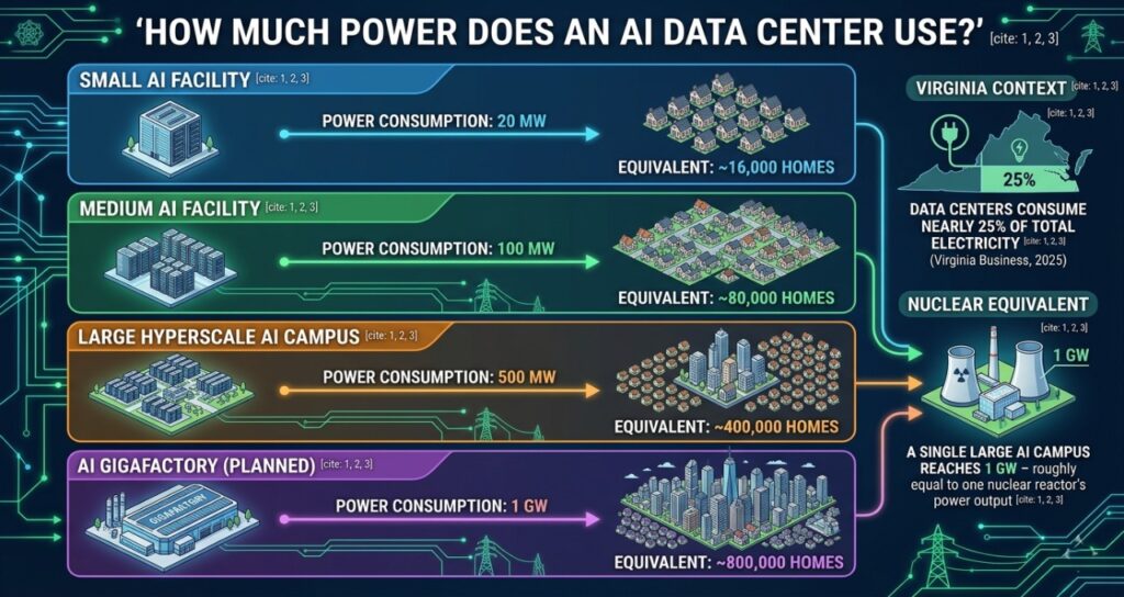 A 16:9 infographic titled "How Much Power Does an AI Data Center Use?" It compares facilities from 20 MW to 1 GW, showing equivalents in homes powered. It notes that a 1 GW AI Gigafactory equals the output of a nuclear reactor.