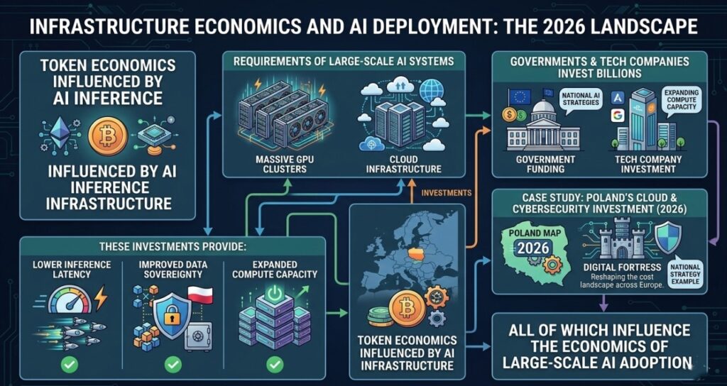 A 16:9 technical infographic titled "Infrastructure Economics and AI Deployment: The 2026 Landscape." The visual connects national investment strategies to the cost of AI operations. Key sections include:Requirements: Illustrations of massive GPU clusters and cloud infrastructure needed for large-scale AI.Investment: Depicts governments and tech companies investing billions into compute capacity.Case Study: Highlights Poland’s 2026 cloud and cybersecurity strategy as a "Digital Fortress" reshaping the European cost landscape.Economic Benefits: Icons representing lower inference latency, improved data sovereignty, and expanded compute capacity.
The footer concludes that these factors collectively influence the economics of large-scale AI adoption.