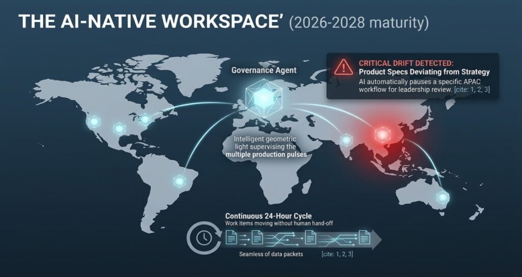 Conceptual map of "The AI-Native Workspace" for 2026-2028. It features a Governance Agent supervising global production pulses, with automated drift detection pausing deviating workflows for leadership review during a continuous 24-hour cycle.