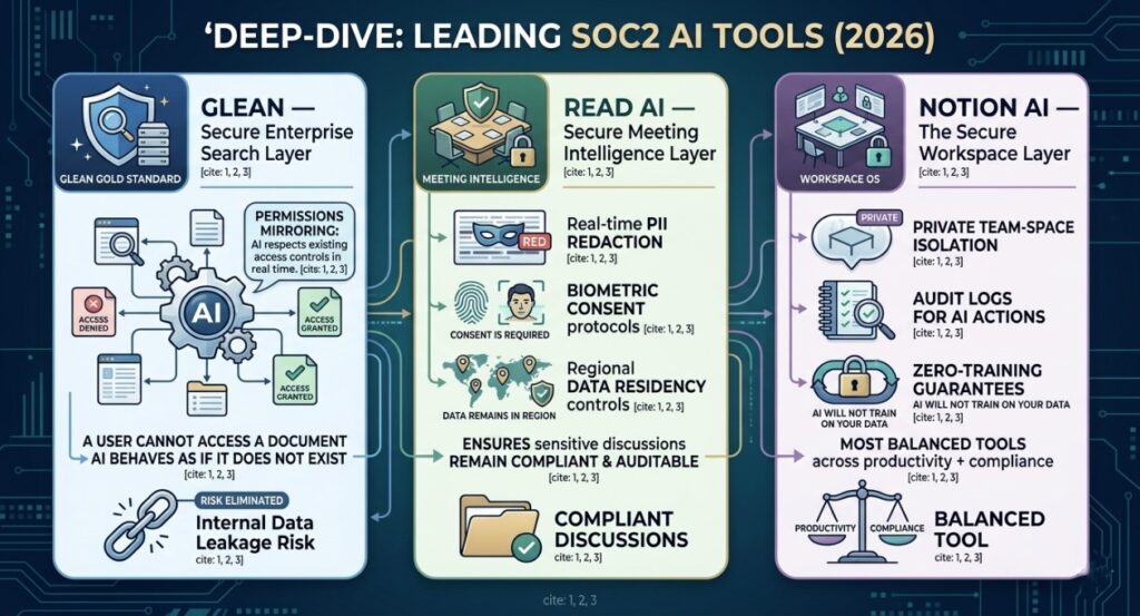 Infographic titled "Deep-Dive: Leading SOC2 AI Tools (2026)" highlighting three secure software platforms. It breaks down how Glean uses permissions mirroring for search, how Read AI ensures compliant meeting intelligence with biometric consent, and how Notion AI provides private team-space isolation with zero-training guarantees.
